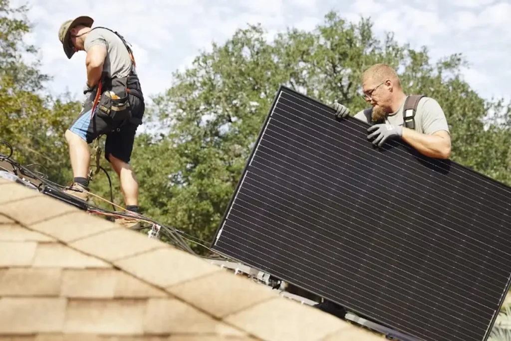 Two roofers carrying a metal roofing panel across a roof