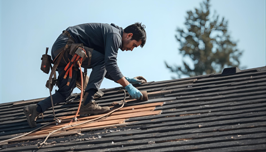 Roofer stripping old shingles from a roof