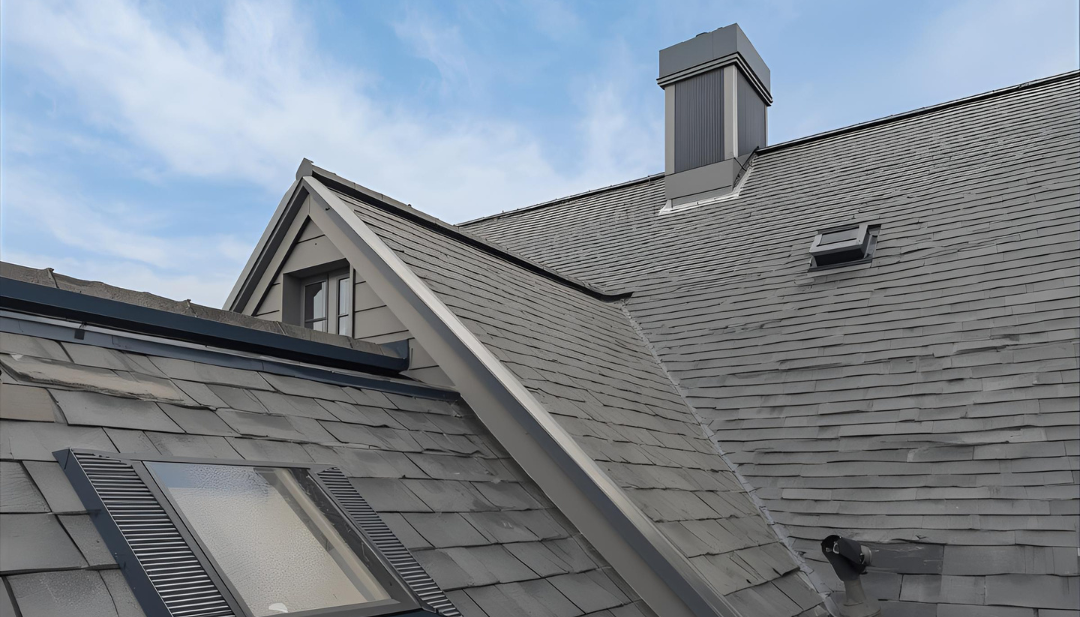 Gray shingle roof with dormers and vents