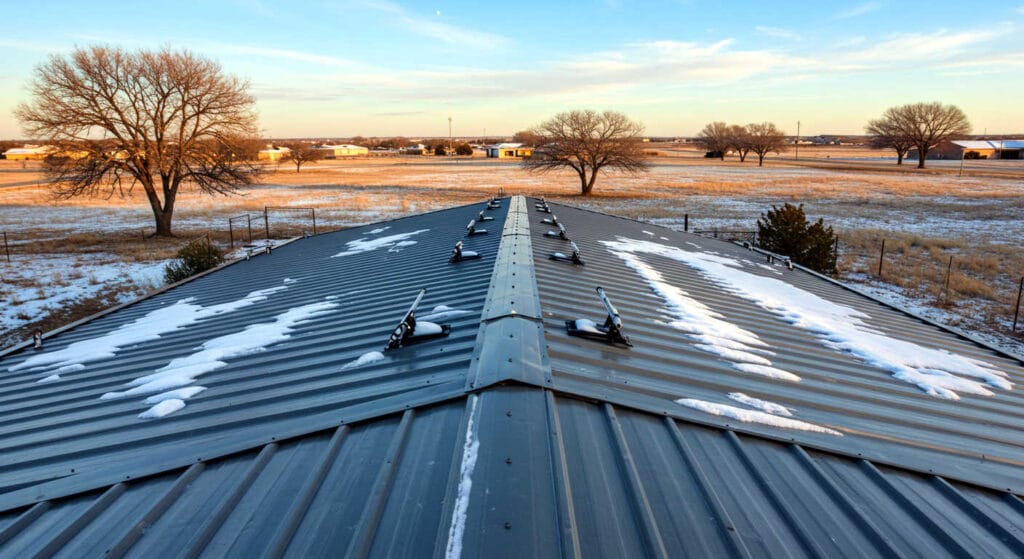 Dark metal roof with snow on a rural building