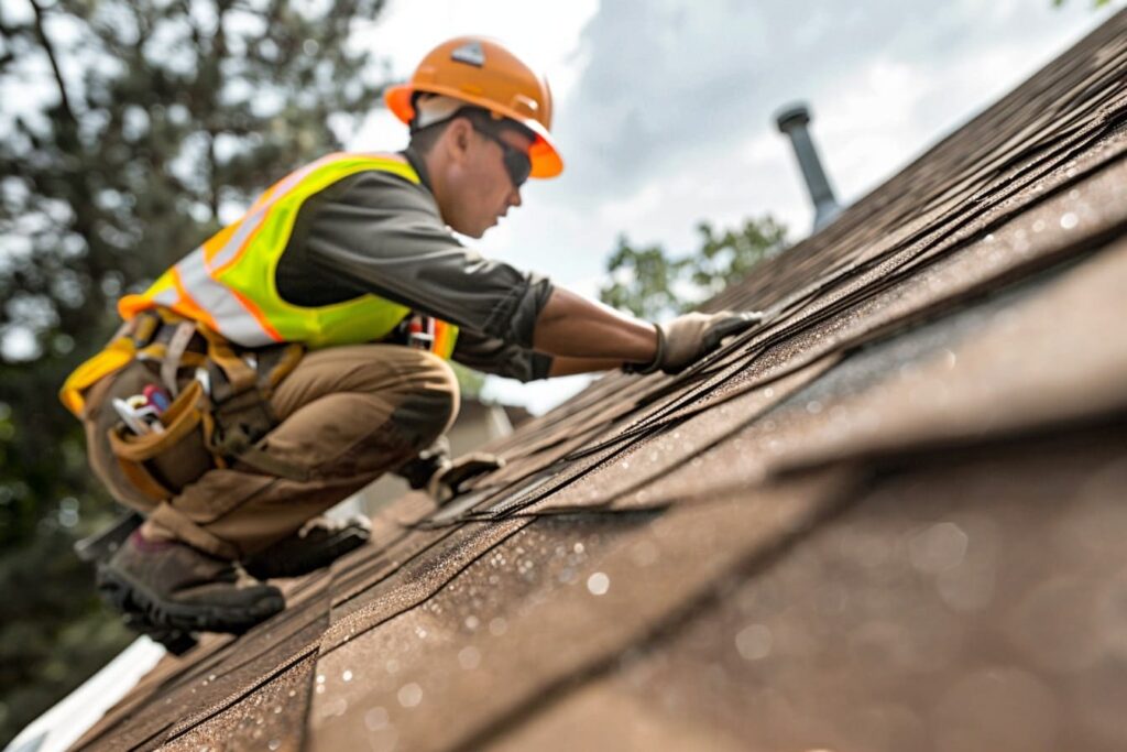 Roofer in a harness working along a roof ridge