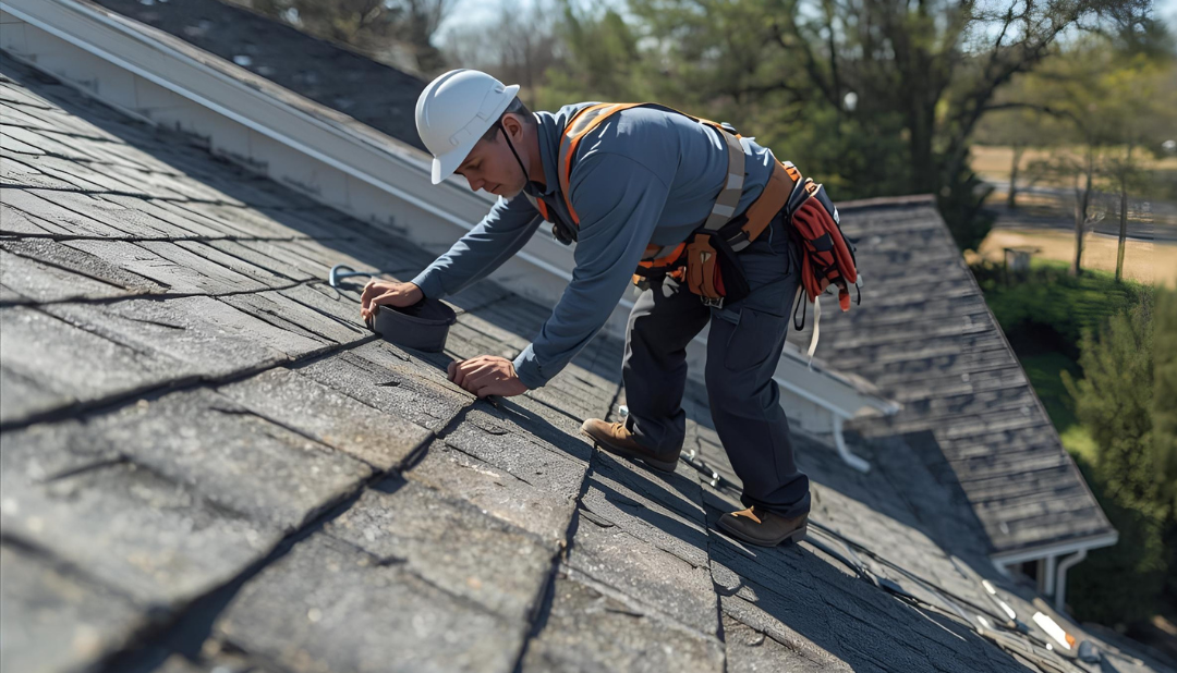 Roofer in a safety harness working on a shingle roof