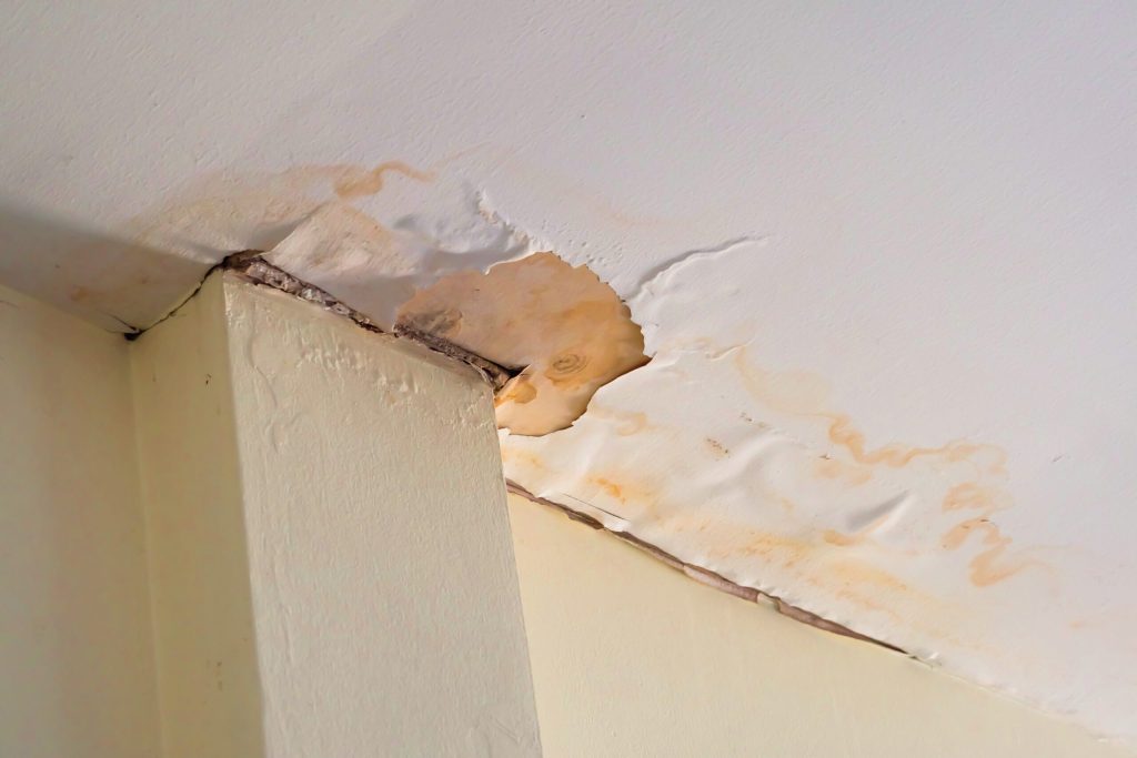 Water stained ceiling caused by a roof leak