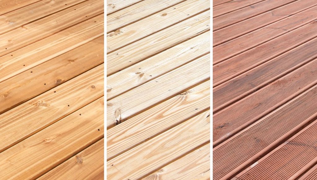 Decking board samples in different wood tones